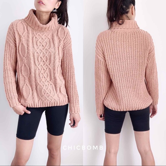 CHUNKY CABLE KNIT TURTLENECK SWEATER - NUDE PINK - Picture 6 of 9